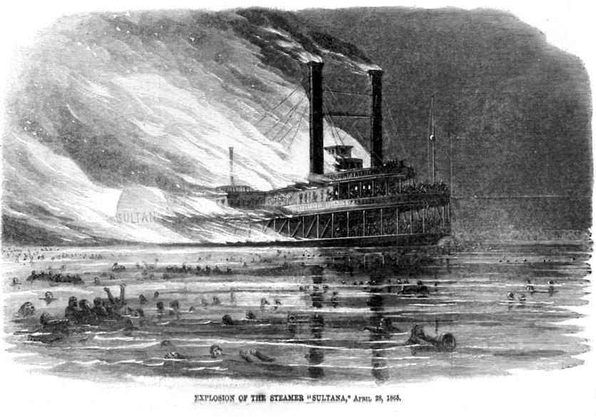 Burning steamboat on the water with survivors swimming nearby