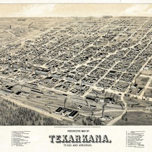 Hand drawn "perspective map of Texarkana" with train yard gas company diagonal state line avenue