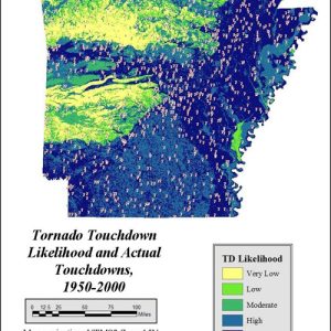 color-coded weather map "Tornado Touchdown Likelihood and Actual Touchdowns, 1950-2000."