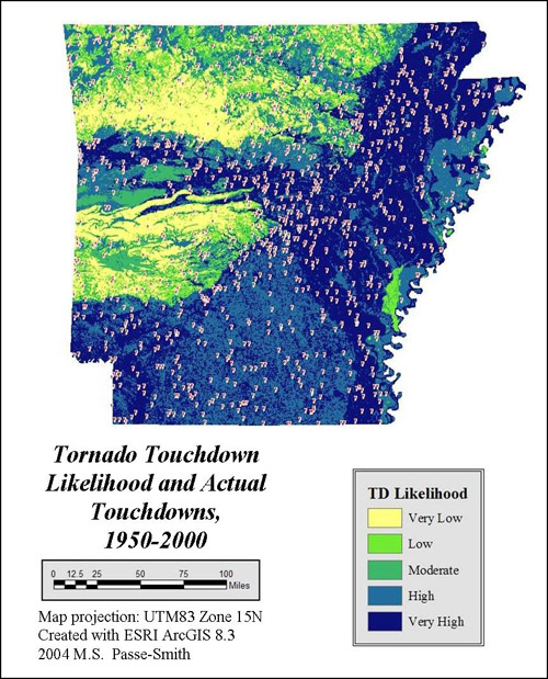 color-coded weather map "Tornado Touchdown Likelihood and Actual Touchdowns, 1950-2000."
