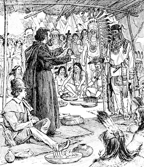 White man in robes holding a cross talking to a group of Native Americans