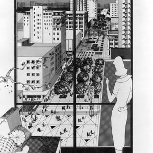 Drawing of city buildings and walkway with female artist holding paintbrush as seen through window