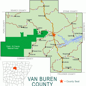 "Van Buren County" map with borders roads cities national forest lake