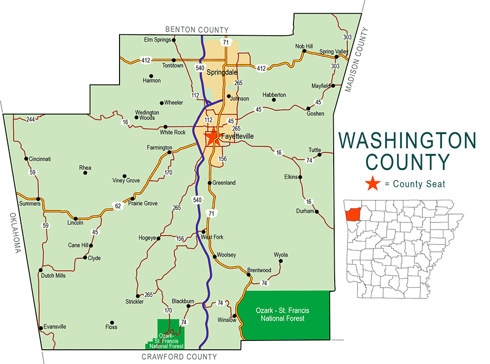 "Washington County" map with borders roads cities national forest