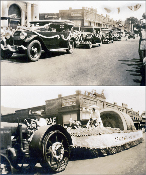 Top: line of cars with decorations on a city street
Bottom: Man in white driving a tractor pulling a parade float