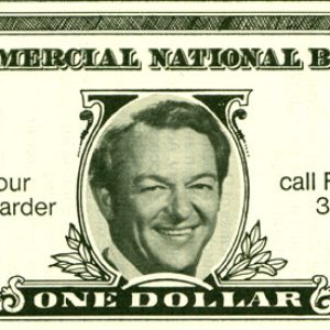 Flyer imitation dollar bill "to make your bucks work harder call frank white" with portrait