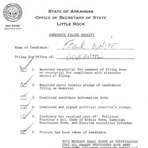 Arkansas Secretary of State "candidate filing receipt Frank White governor" checked boxes signed Paul Riviere