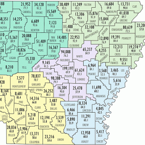 Map of Arkansas with colored sections and percentages in each labeled county