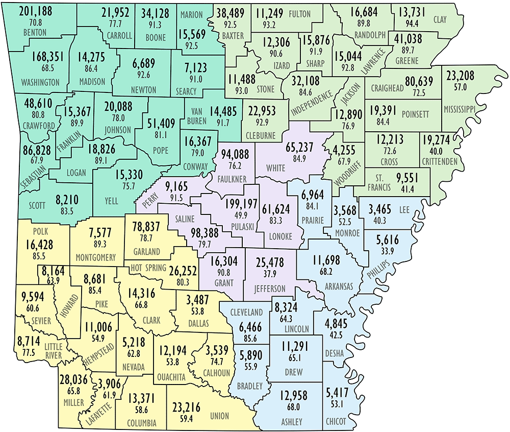 Map of Arkansas with colored sections and percentages in each labeled county