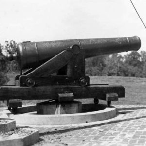 Cannon mounted on round base next to a flag pole