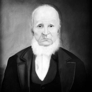 Portrait painting of an older white man who is balding wearing a suit and a long chinstrap beard