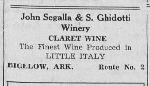 Newspaper advertisement for winery in Bigelow, Arkansas