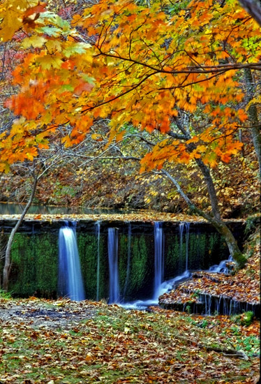 Spillway waterfall under autumn trees