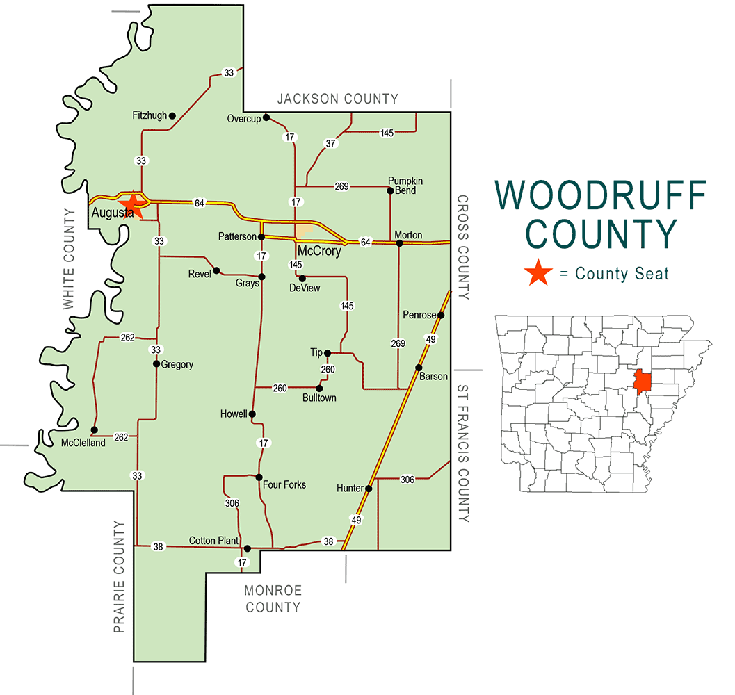 "Woodfruff County" map with borders roads cities