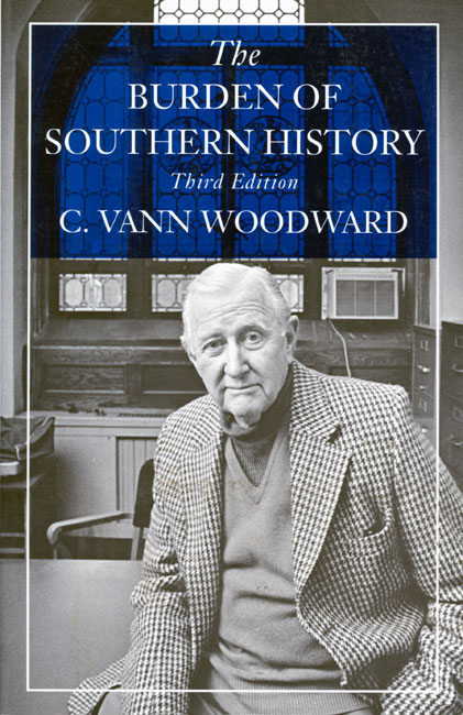 Book cover old white man sitting at desk with stained glass window "The Burdens of Southern History Third Edition"