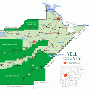 "Yell County" map with borders roads cities national forest waterways