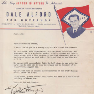 Letter with picture of white man in suit and picture of Arkansas flag