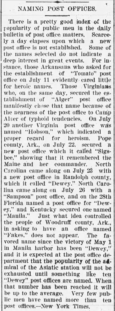 "Naming post offices" newspaper clipping