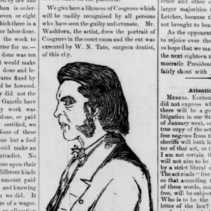 Line drawing of man in profile with long hair and sideburns