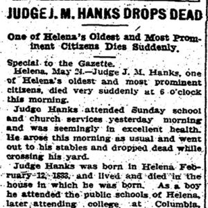 "J. M. Hanks drops dead" newspaper clipping