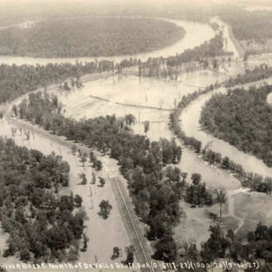 Aerial view of flooded areas along river