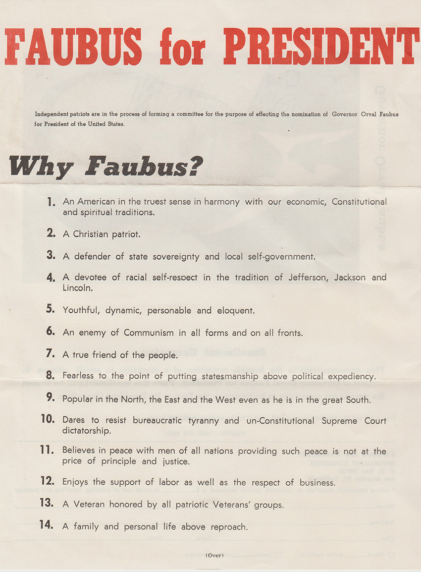 "Faubus for President" campaign flyer with numbered list