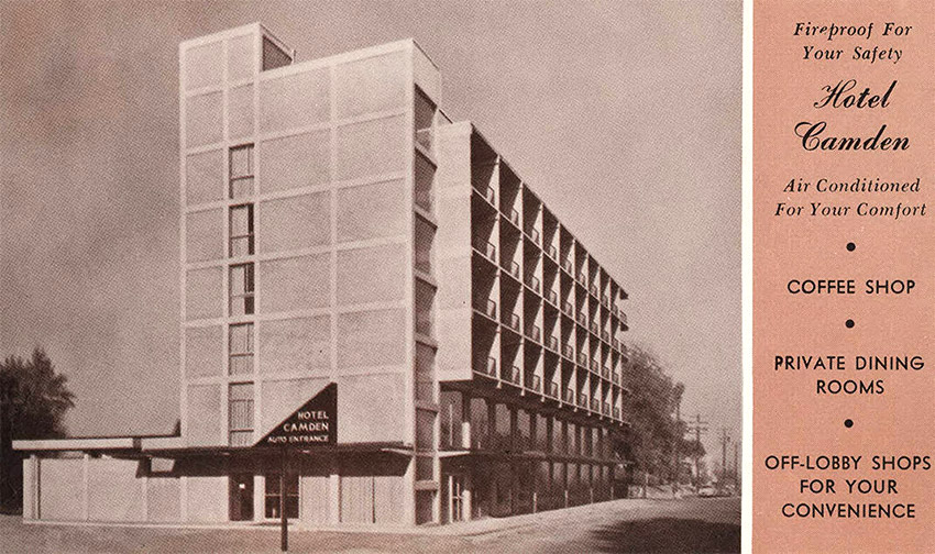 Postcard with large multistory building and list of amenities