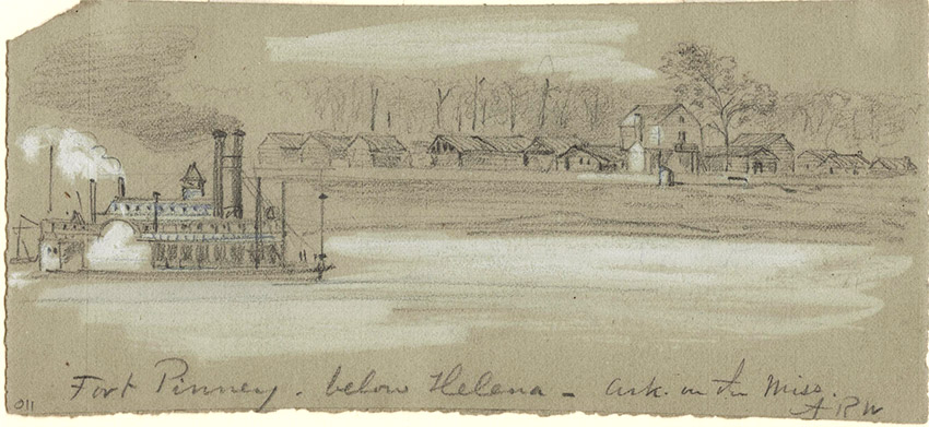 Drawing of boats in a river and buildings along the shore