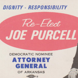 "Reelect Joe Purcell" campaign card featuring white man in suit