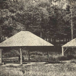 Two covered shelters over springs with trees in background