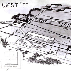 Map showing streets and runways with central portion labeled "taxi strip"