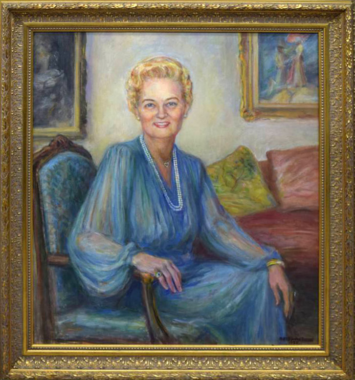 Painting of white woman with blond hair wearing blue dress