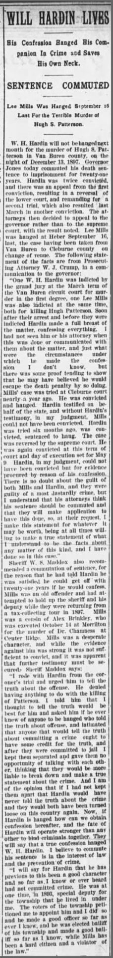 "Will Hardin Lives" newspaper clipping