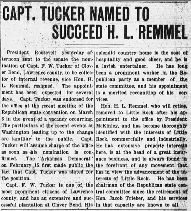 "Captain Tucker named to succeed H. L. Remmel" newspaper clipping