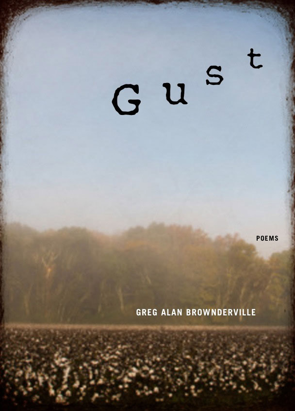 Cover of a book of poems reading "Gust" and showing field and trees