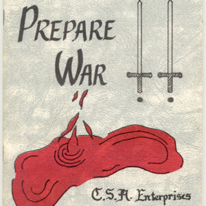 Printed booklet featuring swords and a pool of blood and bold text "Prepare War"