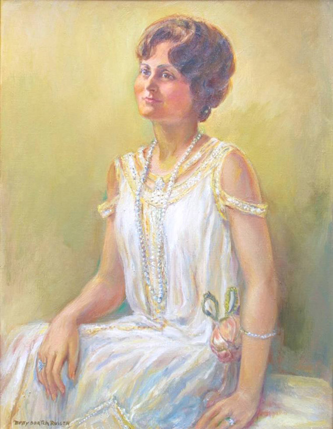 Painting of white woman in dress and long pearl necklace
