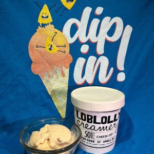 "Dip In" cheese dip logo on t-shirt plus bowl of ice cream