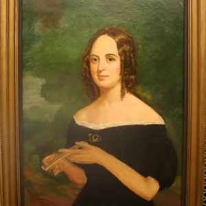 Painting of white woman in black dress holding an object