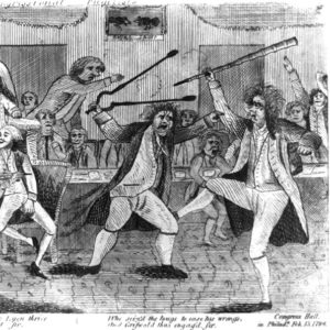 Drawing of two men fighting surrounded by excited onlookers and one man in an arm chair