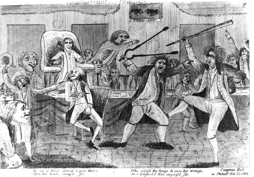 Drawing of two men fighting surrounded by excited onlookers and one man in an arm chair