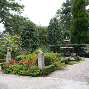 Garden with birdbath and variety of plants and flowers and walkway