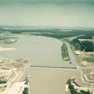 Aerial view of river and dam