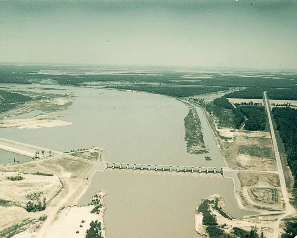 Aerial view of river and dam