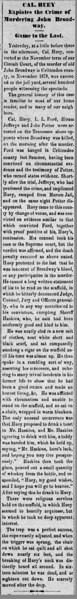 "Cal Huey Expiates the Crime of Murdering John Broadway" newspaper clipping