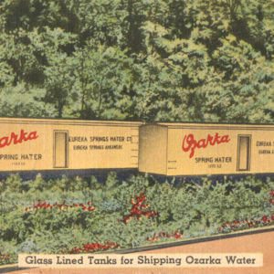 Rendering of train cars carrying Ozarka water through green countryside