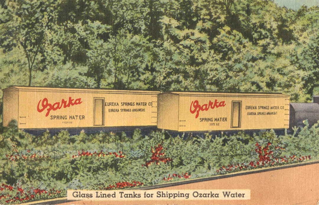 Rendering of train cars carrying Ozarka water through green countryside