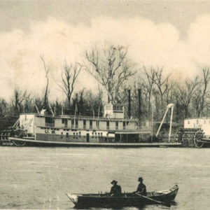 Small rowboat in front of two large paddlewheel steamers