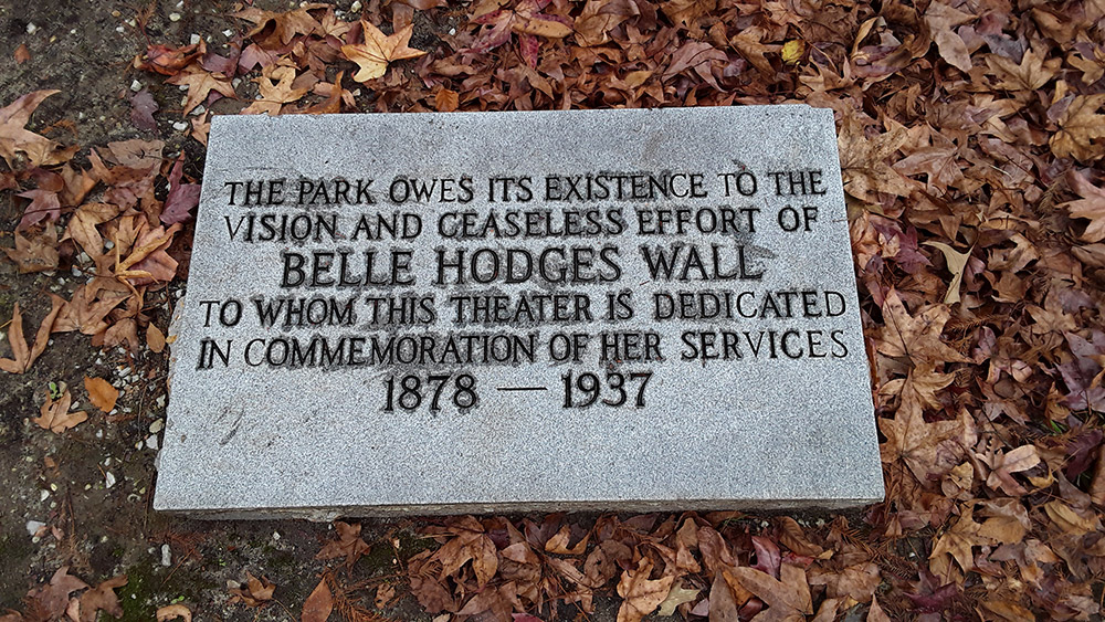 Concrete monument honoring Belle Hodges Wall and dedicating the amphitheater to her