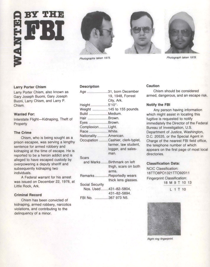 Poster showing photos of a brown-haired man along with a list of physical details and a fingerprint